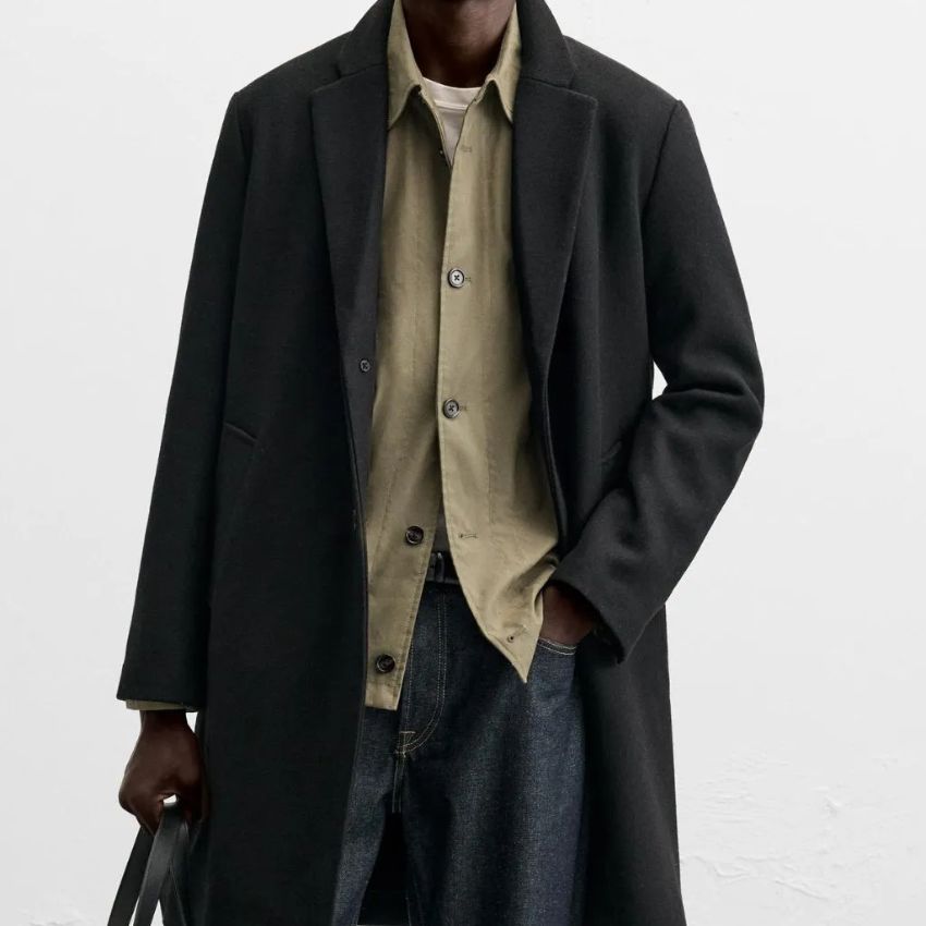 ZARA Men’s Vision Standard Fit Jacket Collar Mid-Length Wool Blend Cachet Coat Black
