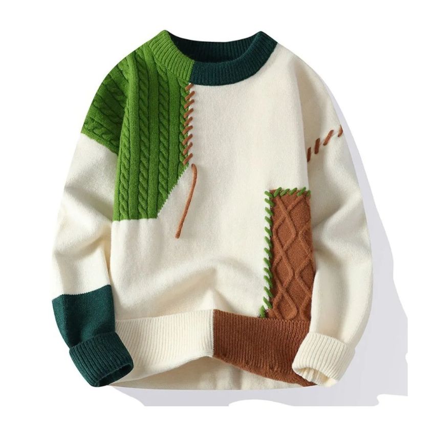 Green and White Turtle Neck Patch Work Sweater - Noriastylez