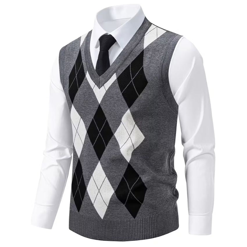 Men’s Geometric Knit Vest — Sleeveless Rib-Knit Preppy Top for Layered & Standalone Wear