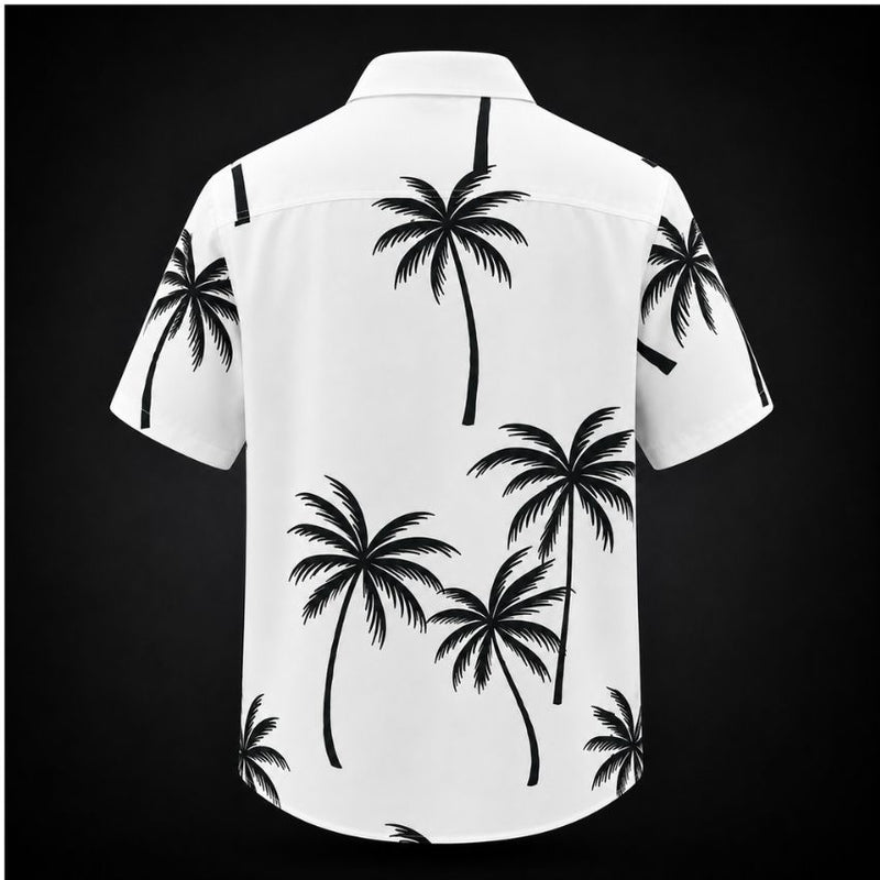 Men’s Summer Tropical Palm Print Short-Sleeve Button-Up Casual Shirt - White C254 - Sales