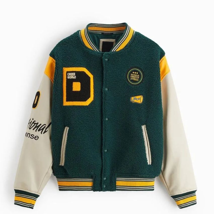 ZARA Men’s Retro Varsity Letterman Jacket With Dark Green Wool-Blend Body Cream Faux Leather Sleeves Bold Yellow D