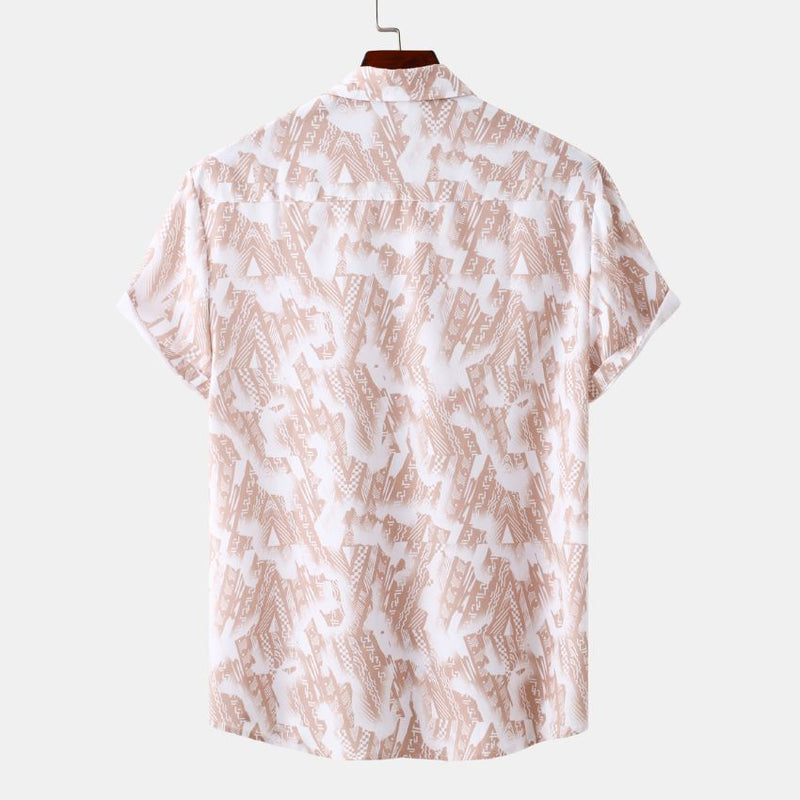 New Men’s Abstract Geometric Print Short Sleeve Shirt – Casual Button-Up Top