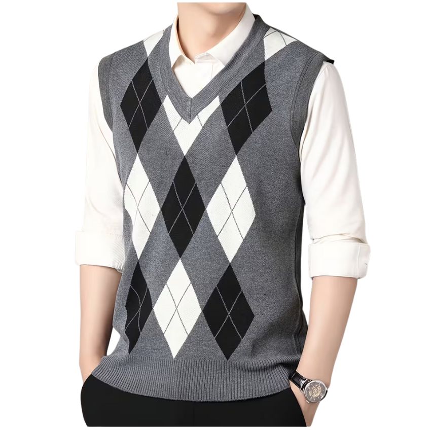Men’s Geometric Knit Vest — Sleeveless Rib-Knit Preppy Top for Layered & Standalone Wear