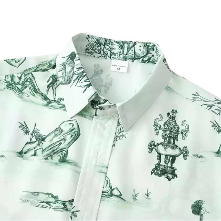 Green Hawaiian Print Short-Sleeved Shirt - Noriastylez