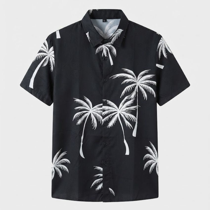 Men’s Palm Print Short-Sleeve Button-Up Casual Shirt C254 - Black - Sales