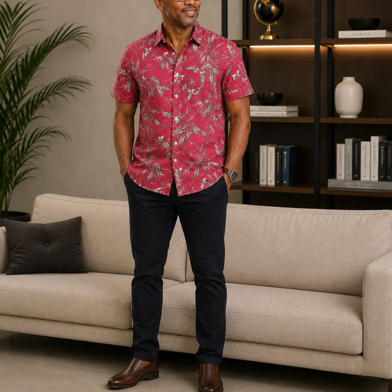 Men's Red Tropical Floral Print Short Sleeve Shirt