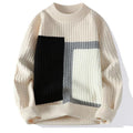 Beige Patchwork Knit Sweater with Black & Gray Blocks – Modern Casual Style