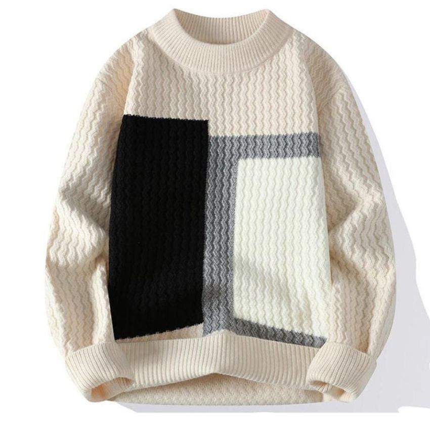 Beige Patchwork Knit Sweater with Black & Gray Blocks – Modern Casual Style