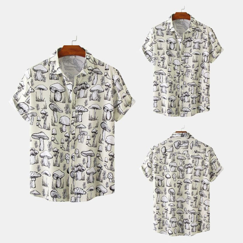 Men’s Mushroom Print Short Sleeve Shirt – Casual Button-Up Graphic Shirt