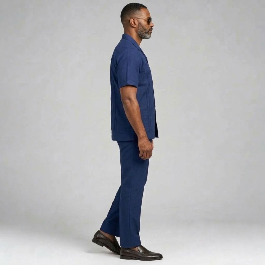 Riviera Cuban Two-Piece Short-Sleeve Shirt & Trouser Set – Navy Blue