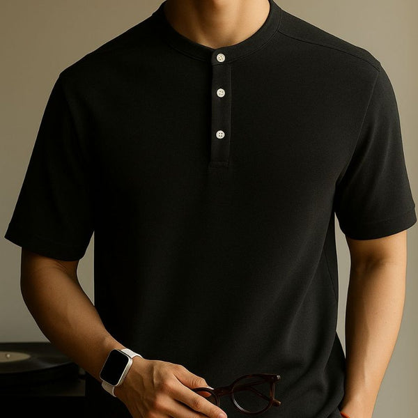 Men’s Retro Textured Waffle Henley Collar Short Sleeve Shirt Black