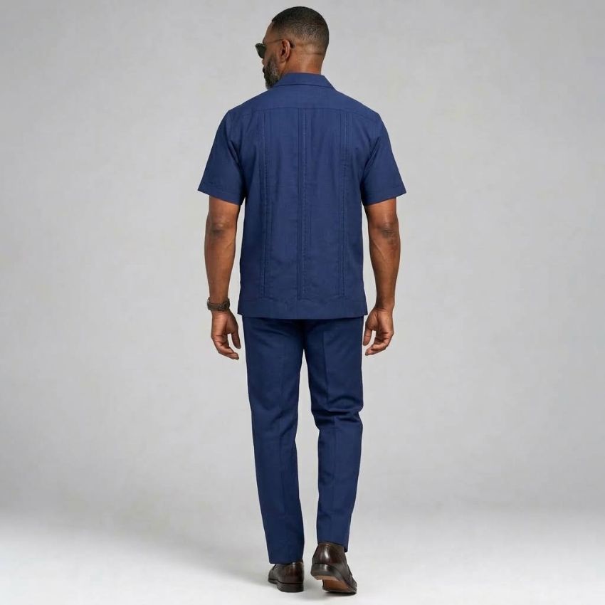 Riviera Cuban Two-Piece Short-Sleeve Shirt & Trouser Set – Navy Blue