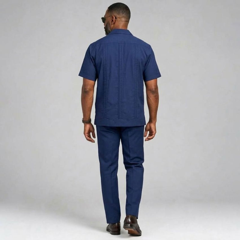 Riviera Cuban Two-Piece Short-Sleeve Shirt & Trouser Set – Navy Blue