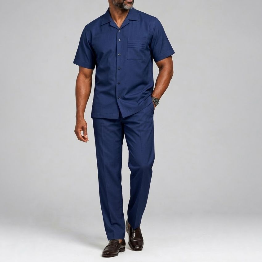 Riviera Cuban Two-Piece Short-Sleeve Shirt & Trouser Set – Navy Blue