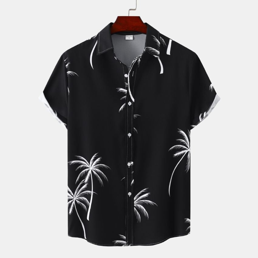 Men’s Summer Tropical Palm Print Short-Sleeve Button-Up Casual Shirt - Black