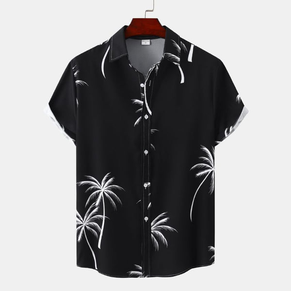 Men’s Summer Tropical Palm Print Short-Sleeve Button-Up Casual Shirt - Black