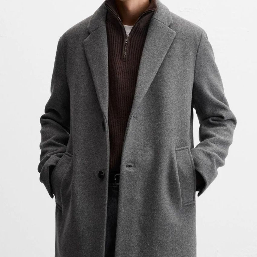 ZARA Men’s Vision Standard Fit Jacket Collar Mid-Length Wool Blend Cachet Coat Dark Gray