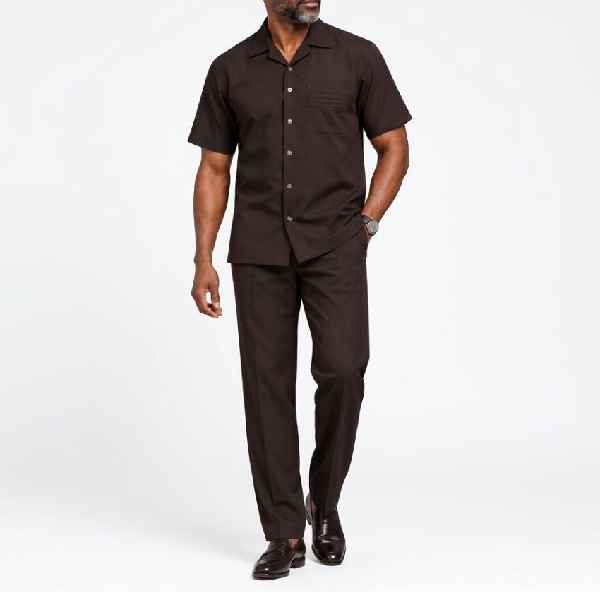 Riviera Cuban Two-Piece Short-Sleeve Shirt & Trouser Set – Dark Chocolate