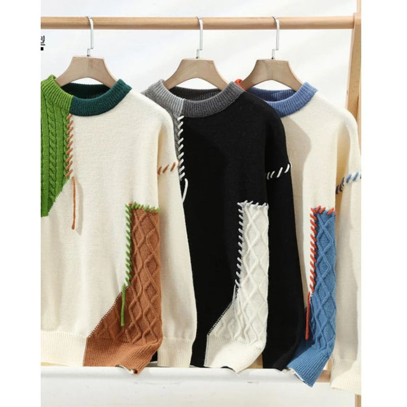 Green and White Turtle Neck Patch Work Sweater - Noriastylez