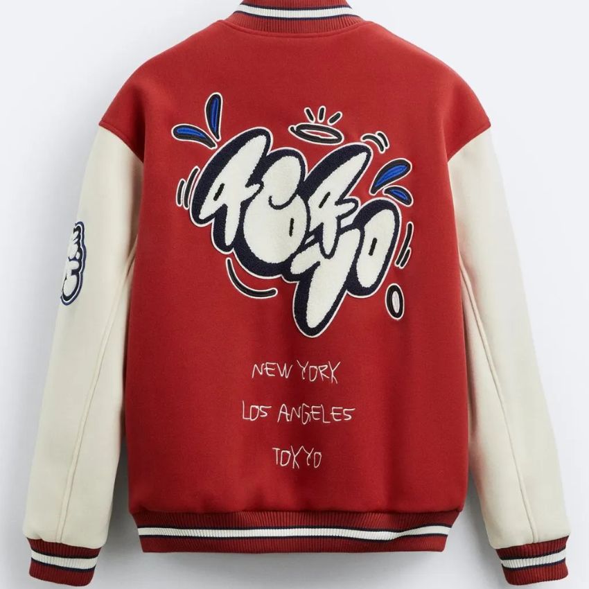 ZARA Men’s Retro Varsity Patchwork Bomber Jacket Dark Orange