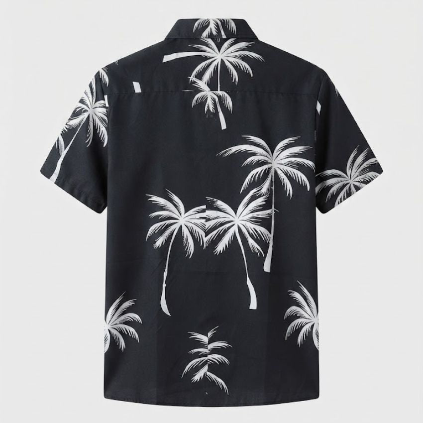 Men’s Palm Print Short-Sleeve Button-Up Casual Shirt C254 - Black - Sales