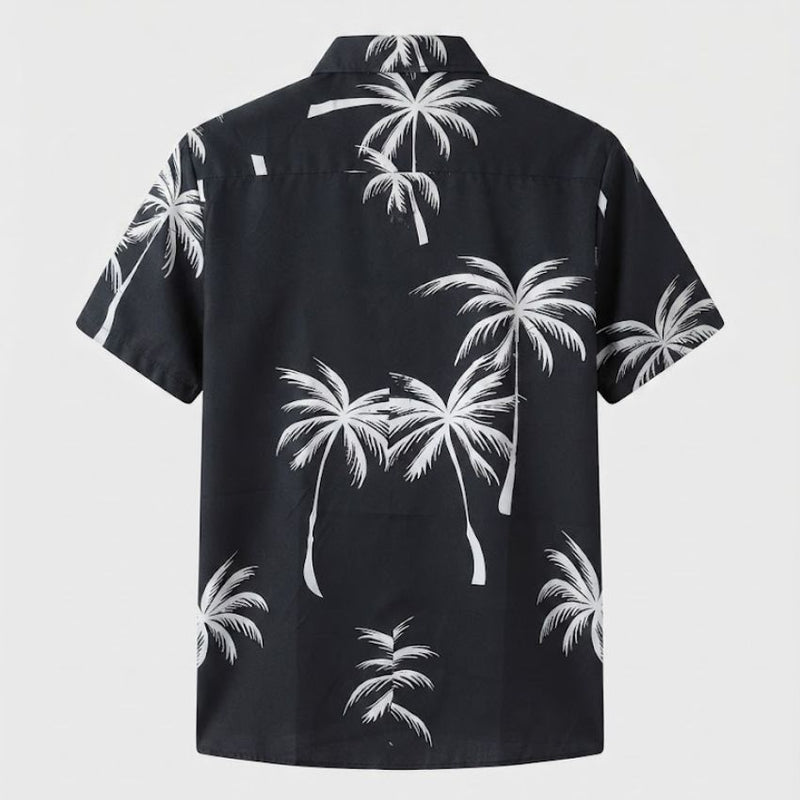 Men’s Palm Print Short-Sleeve Button-Up Casual Shirt C254 - Black - Sales