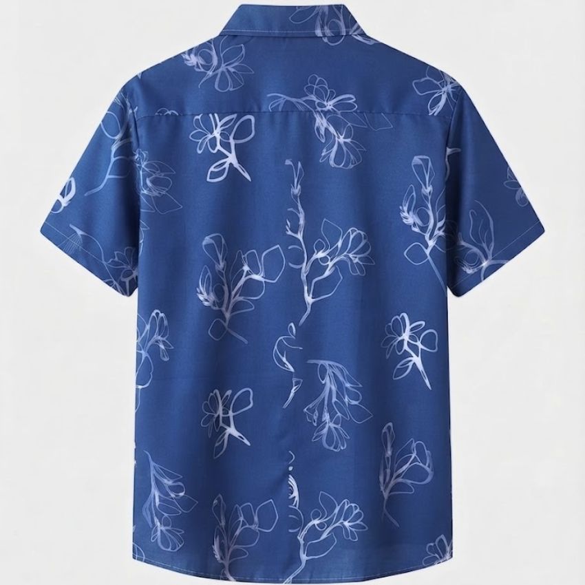 Men’s Navy Short-Sleeve Button-Up Shirt with White Floral Line Art Print C248 - Sales
