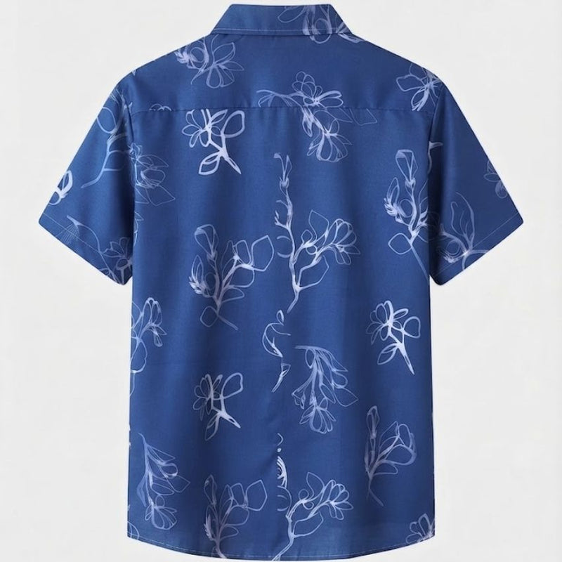Men’s Navy Short-Sleeve Button-Up Shirt with White Floral Line Art Print C248 - Sales