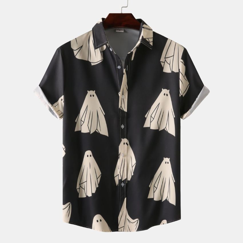 Fashion Creepy-Cute Ghost Print Short-Sleeve Button-Down Shirt - Noriastylez