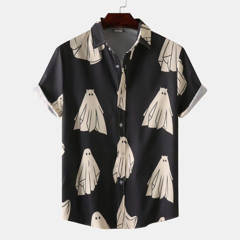 Fashion Creepy-Cute Ghost Print Short-Sleeve Button-Down Shirt - Noriastylez