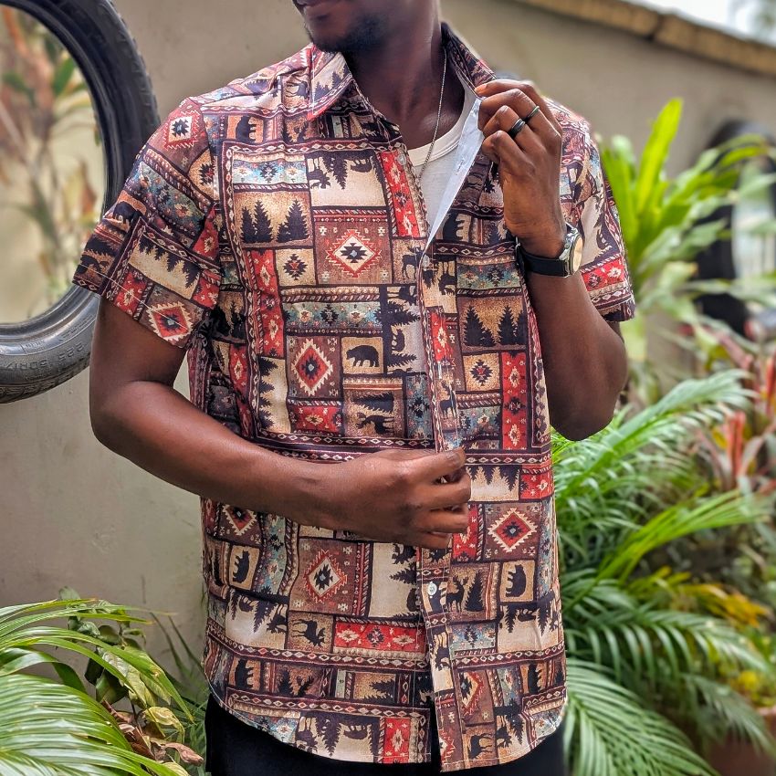 Men's Tribal Print Short Sleeve Button-Up Shirt
