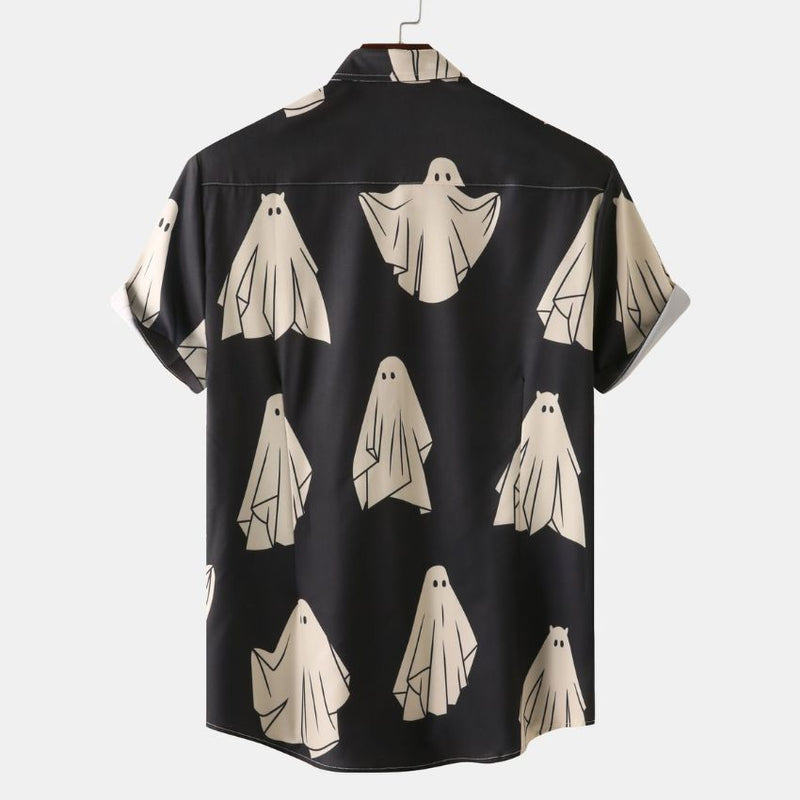 Fashion Creepy-Cute Ghost Print Short-Sleeve Button-Down Shirt - Noriastylez