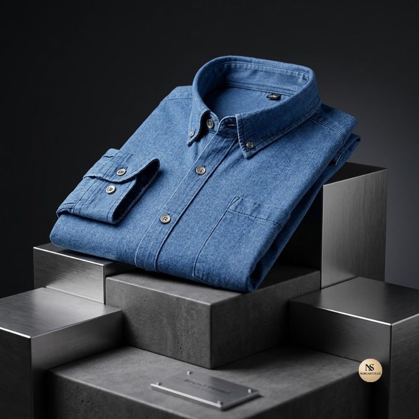 Men’s Premium Fitted Sky Blue Denim Button-Down Shirt