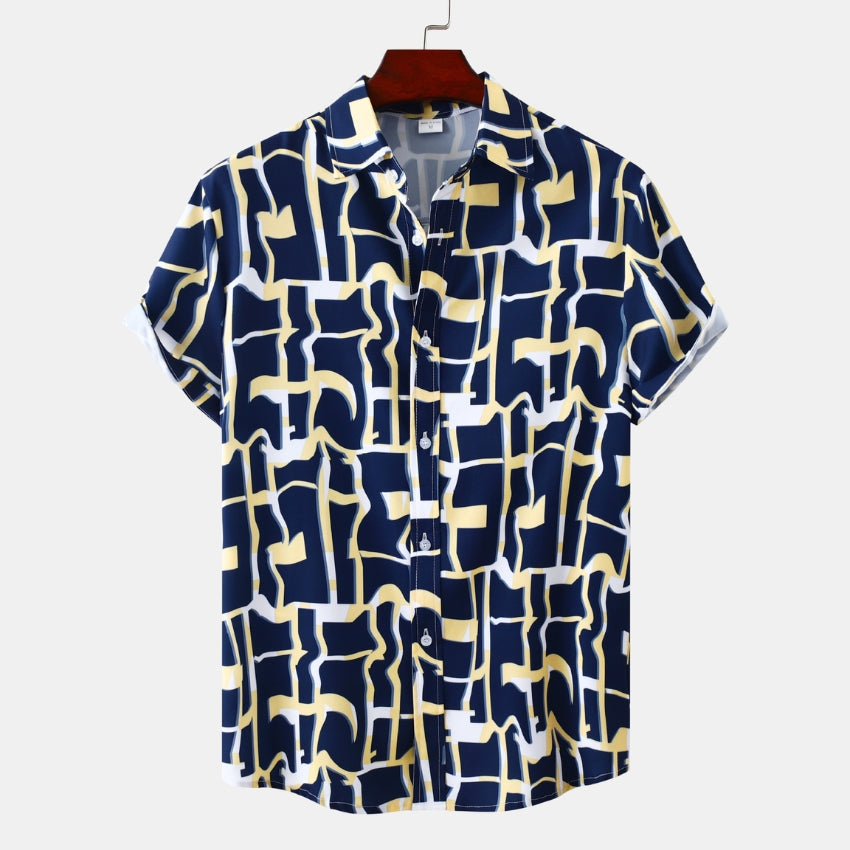 Blue Short Sleeve Shirt Bamboo Pattern Beach Casual Fit Shirts - Noriastylez