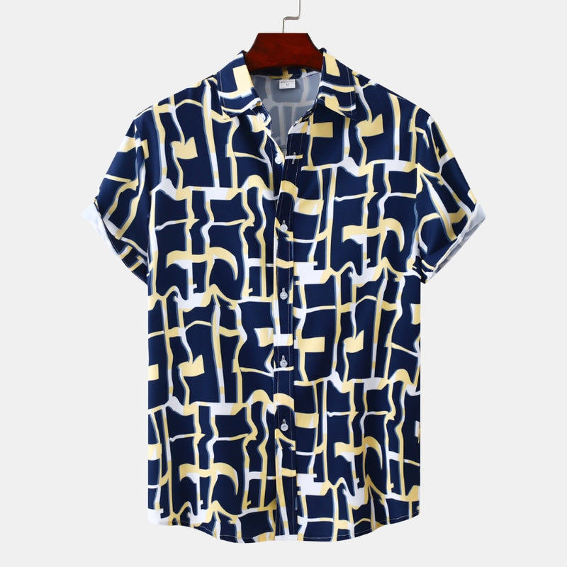 Blue Short Sleeve Shirt Bamboo Pattern Beach Casual Fit Shirts - Noriastylez