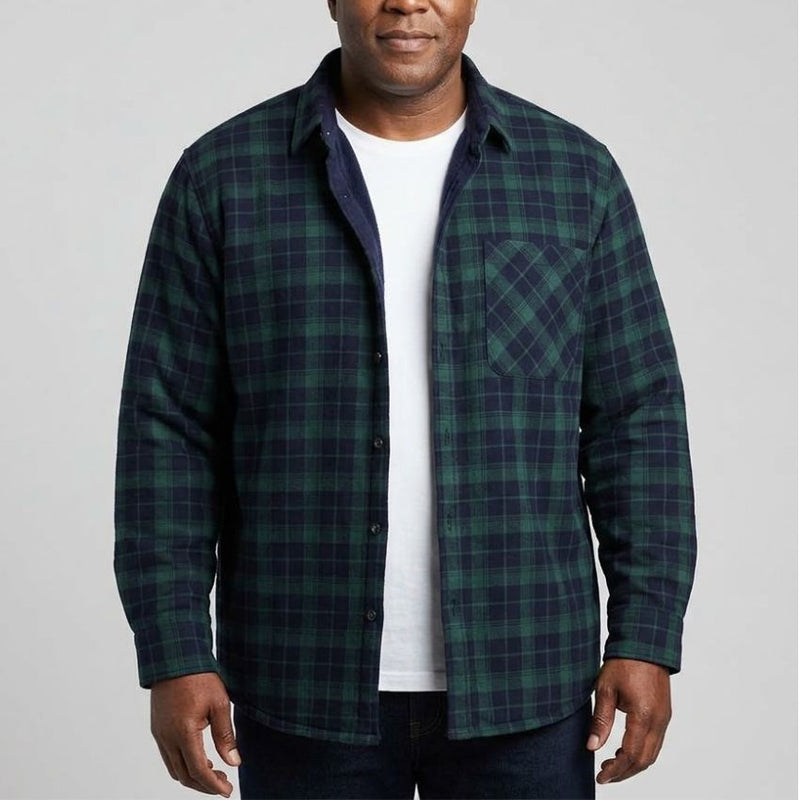 Men's Classic Green and Navy Plaid Thermal-Lined Flannel Shirt