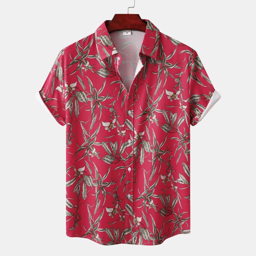 Men's Red Tropical Floral Print Short Sleeve Shirt