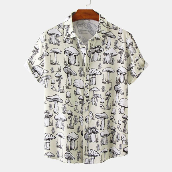 Men’s Mushroom Print Short Sleeve Shirt – Casual Button-Up Graphic Shirt