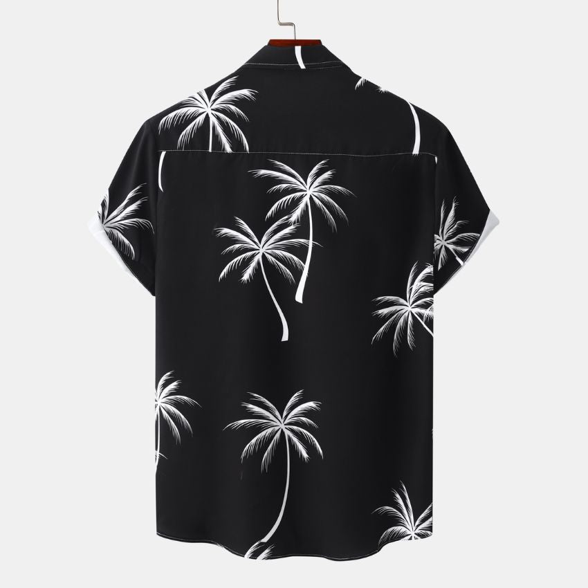 Men’s Summer Tropical Palm Print Short-Sleeve Button-Up Casual Shirt - Black