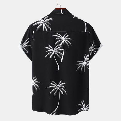 Men’s Palm Print Short-Sleeve Button-Up Casual Shirt C254 - Black