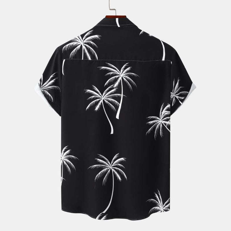 Men’s Palm Print Short-Sleeve Button-Up Casual Shirt C254 - Black