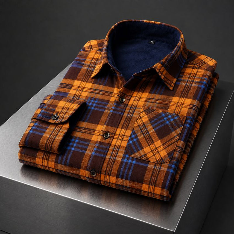 Men's Classic Oraneg and Navy Plaid Thermal-Lined Flannel Shirt