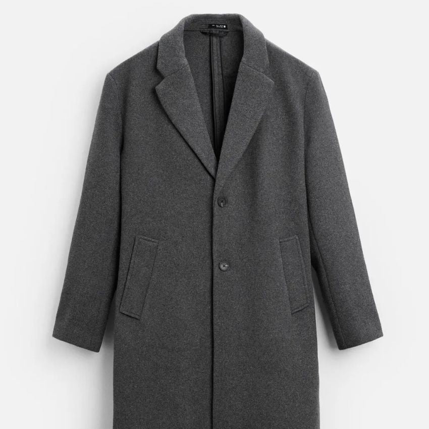 ZARA Men’s Vision Standard Fit Jacket Collar Mid-Length Wool Blend Cachet Coat Dark Gray