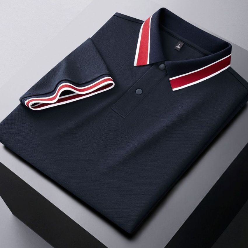 Men’s White Classic Piqué Polo Shirt with Navy and Burgundy Striped Ribbed Collar