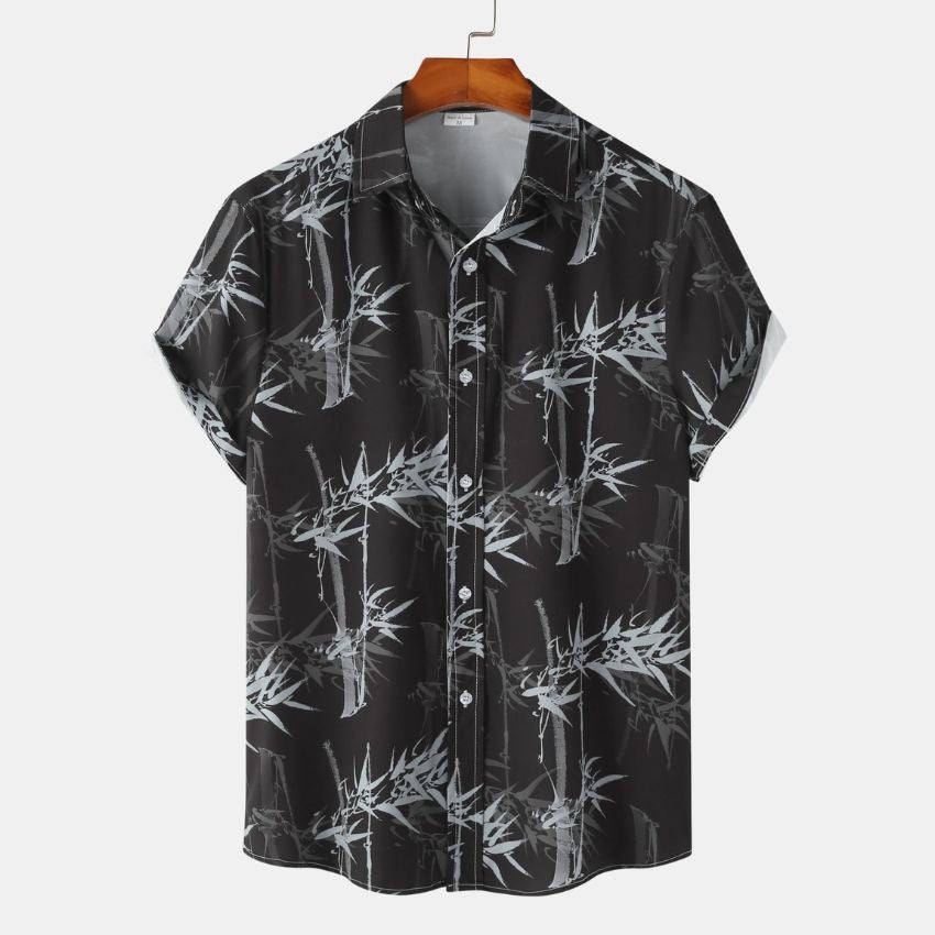 Bamboo Shadow Print Short-Sleeve Camp Shirt — Black