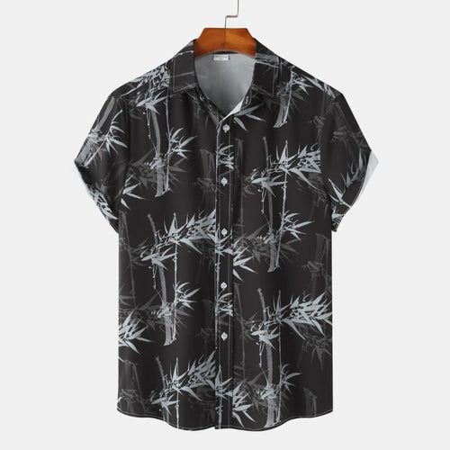 Bamboo Shadow Print Short-Sleeve Camp Shirt — Black
