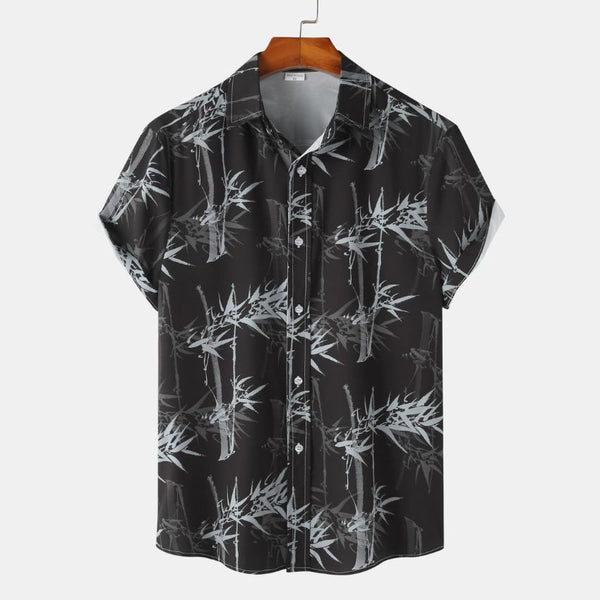 Bamboo Shadow Print Short-Sleeve Camp Shirt — Black