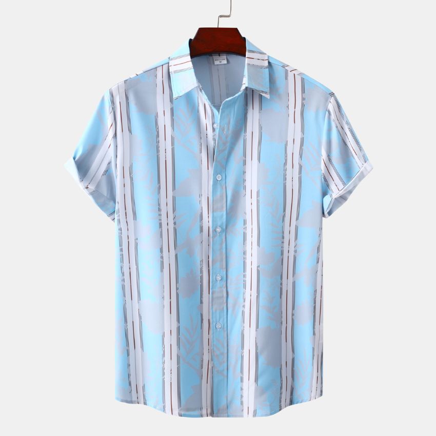 Light Blue Leaf-Striped Short-Sleeve Shirt Men