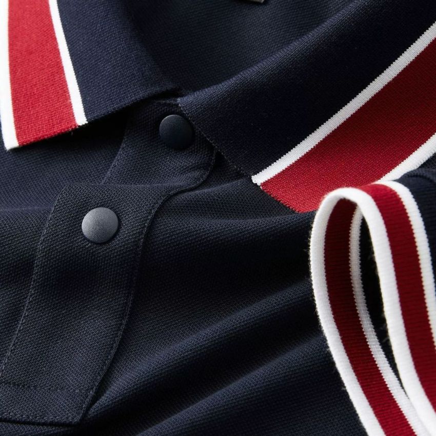 Men’s White Classic Piqué Polo Shirt with Navy and Burgundy Striped Ribbed Collar