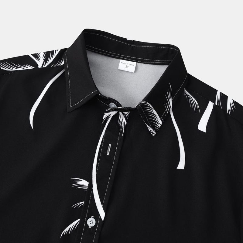 Men’s Palm Print Short-Sleeve Button-Up Casual Shirt C254 - Black